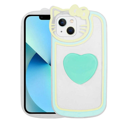 Apple iPhone 13 Kılıf Kedi Figürlü Transparan Pop Soketli Zore Ritmik Kapak Turkuaz