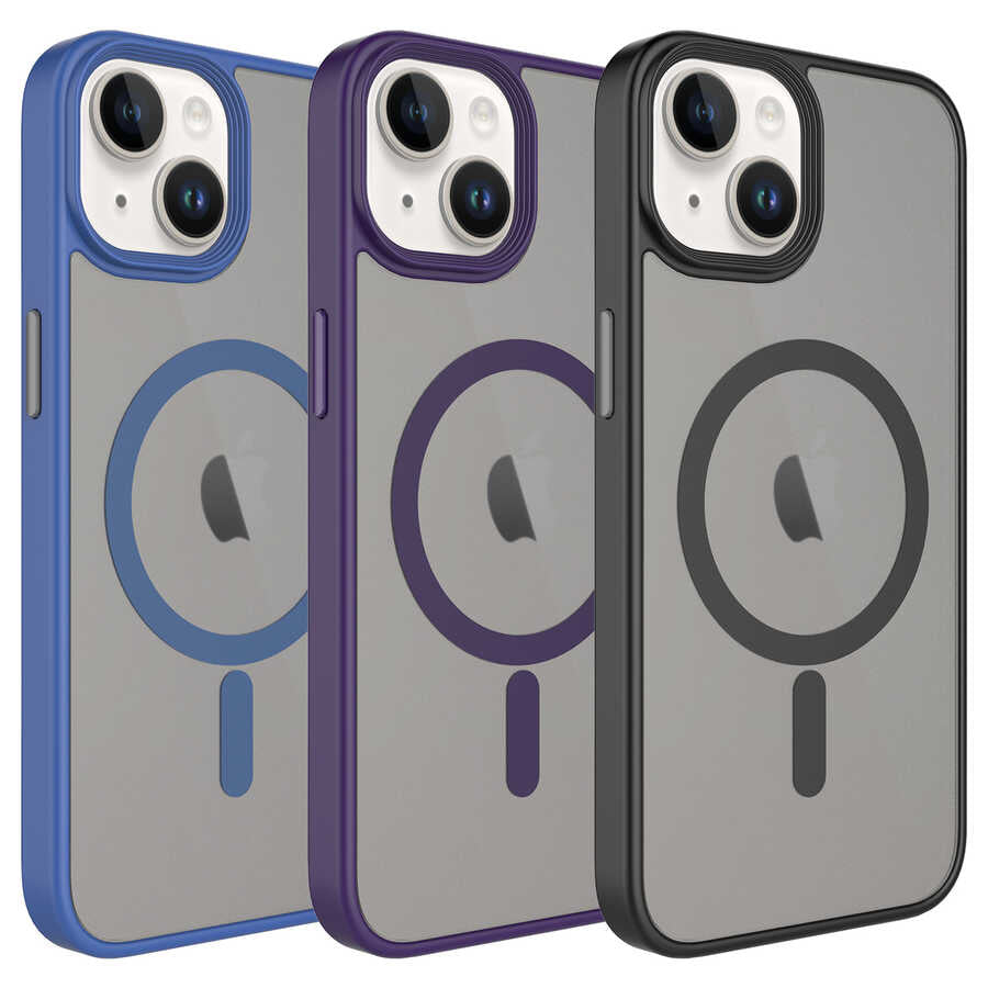 Apple iPhone 13 Kılıf Mat Arka Yüzey Wireless Şarj Özellikli Zore Flet M-safe Kapak Lacivert