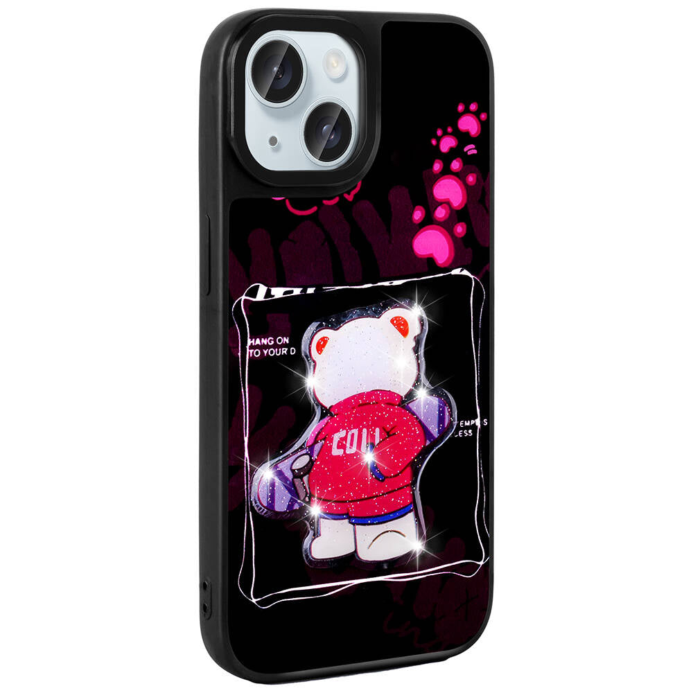 Apple iPhone 13 Kılıf Parlayan Kabartmalı İkonik Figürlü Zore Amas Silikon Kapak Pembe