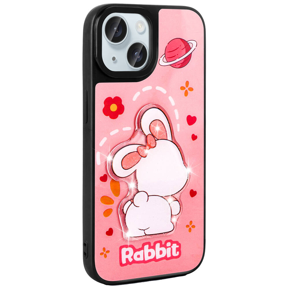 Apple iPhone 13 Kılıf Parlayan Kabartmalı İkonik Figürlü Zore Amas Silikon Kapak Pembe