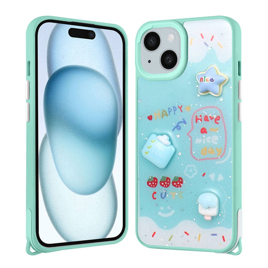 Apple iPhone 13 Kılıf Parlayan Simli Kabartma Figürlü Zore Cevze Kapak Yeşil