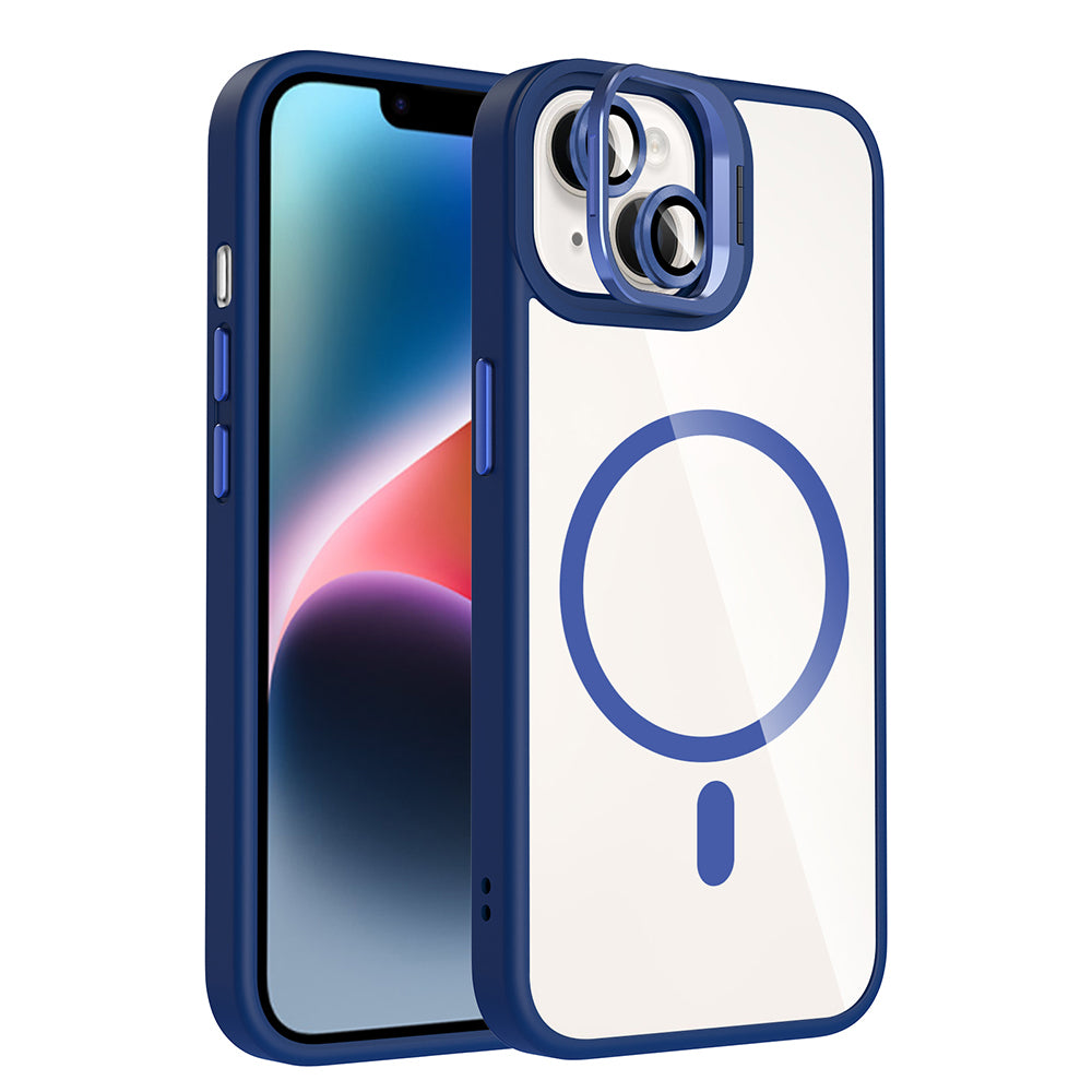 Apple iPhone 13 Kılıf Standlı ve Kamera Lens Hediyeli M-Safe Şarj Özellikli Zore Etro Kapak Lacivert