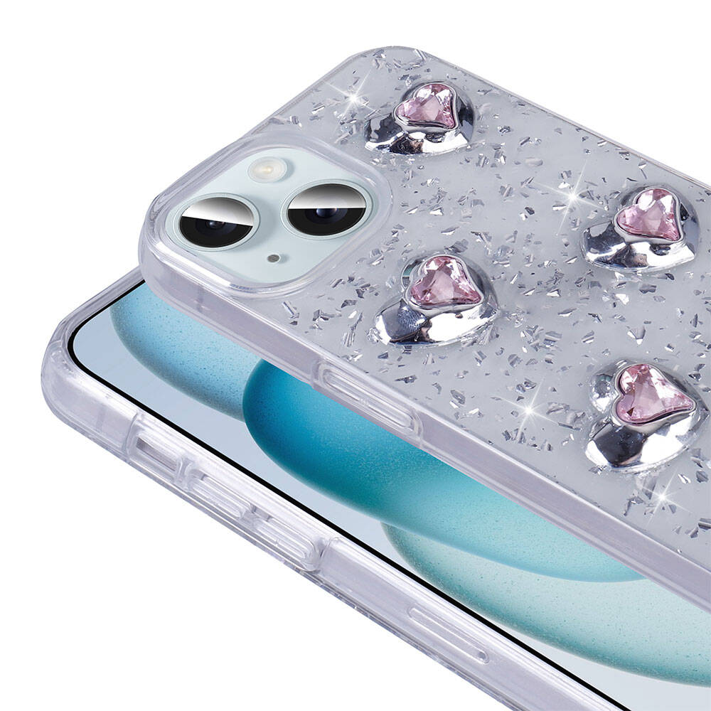 Apple iPhone 14 Kılıf Airbagli Simli Arka Yüzey Zore Işıltı Silikon Kapak Beyaz-Kalp