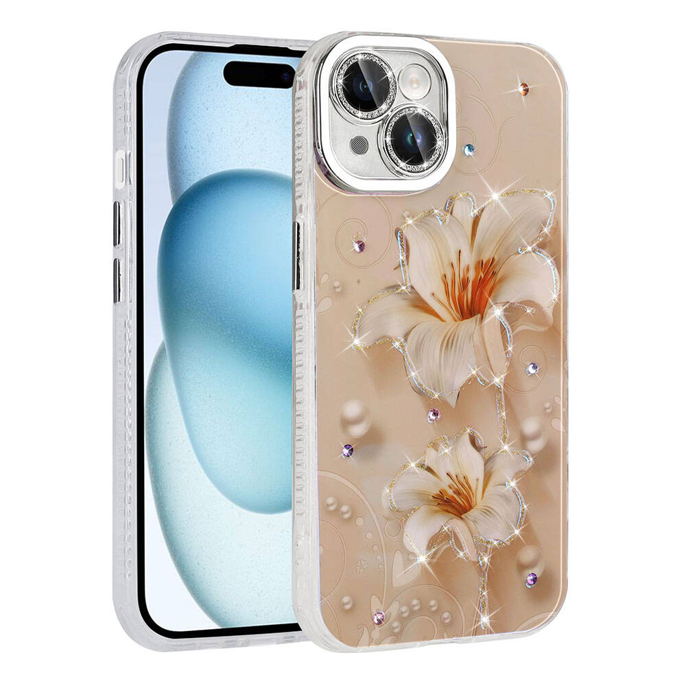 Apple iPhone 14 Kılıf Çiçek Desenli Parlak Taşlı Sert Silikon Zore Garden Kapak Pembe Açık