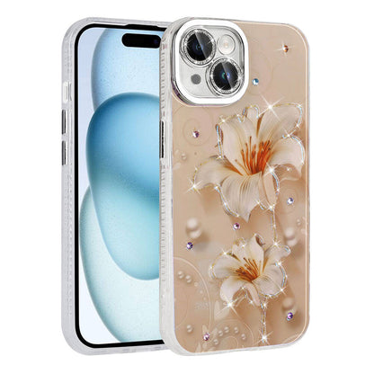 Apple iPhone 14 Kılıf Çiçek Desenli Parlak Taşlı Sert Silikon Zore Garden Kapak Pembe Açık