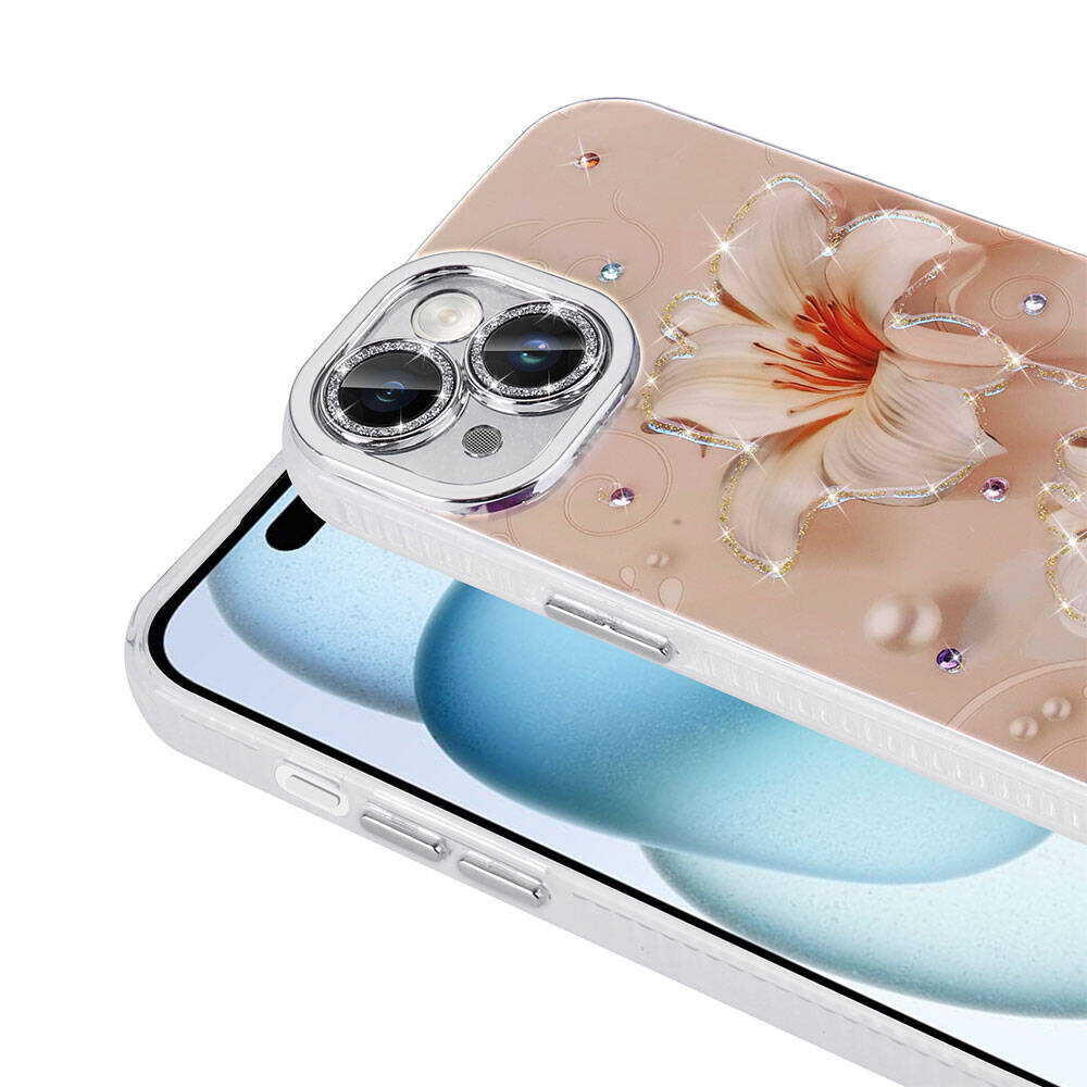 Apple iPhone 14 Kılıf Çiçek Desenli Parlak Taşlı Sert Silikon Zore Garden Kapak Mor