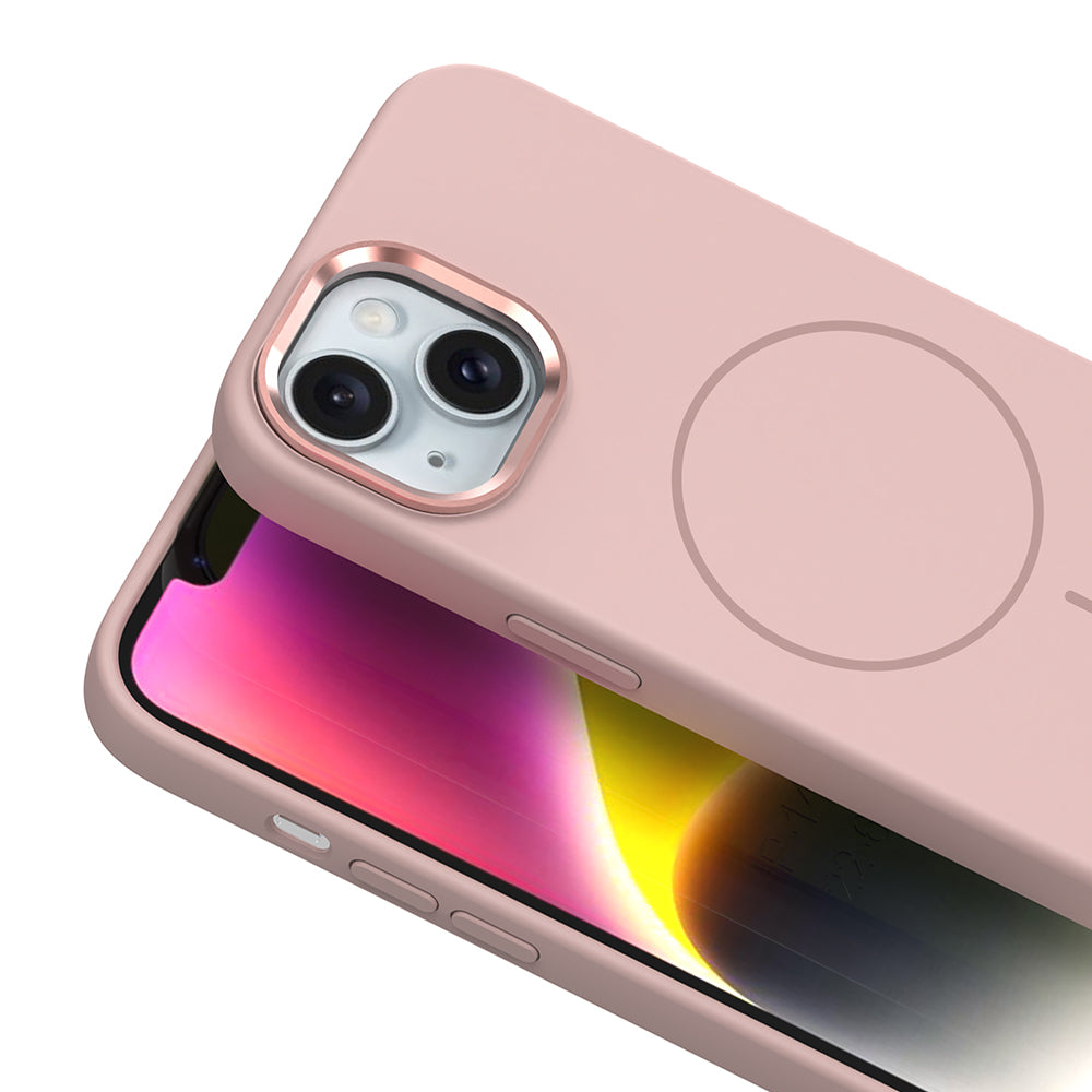 Apple iPhone 14 Kılıf M-Safe Şarj Özellikli Metal Kamera Çerçeveli Zore Edi Silikon Kapak Rose Gold