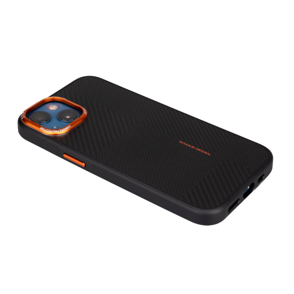Apple iPhone 14 Kılıf M-safe Şarj Özellikli Karbon Fiber Görünümlü Zore Kamp Kapak Turuncu