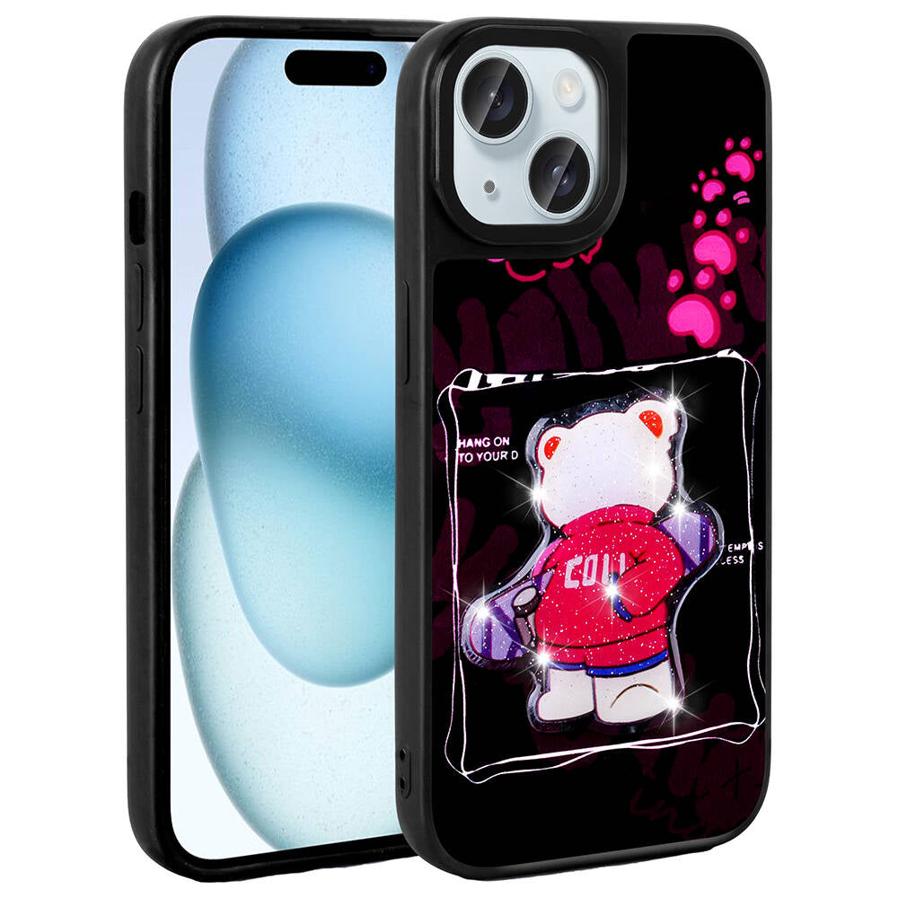 Apple iPhone 14 Kılıf Parlayan Kabartmalı İkonik Figürlü Zore Amas Silikon Kapak Siyah