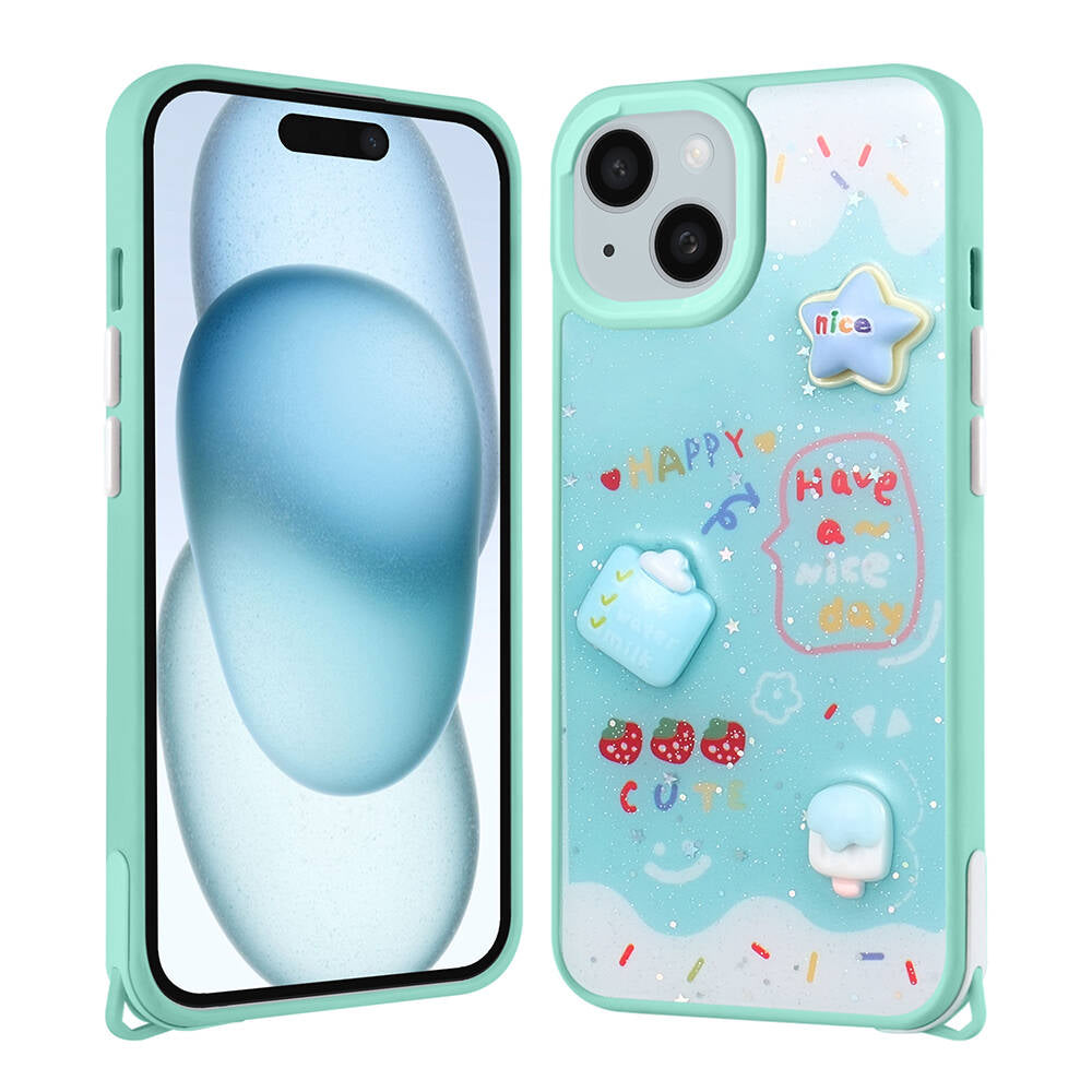 Apple iPhone 14 Kılıf Parlayan Simli Kabartma Figürlü Zore Cevze Kapak Mor Papatya