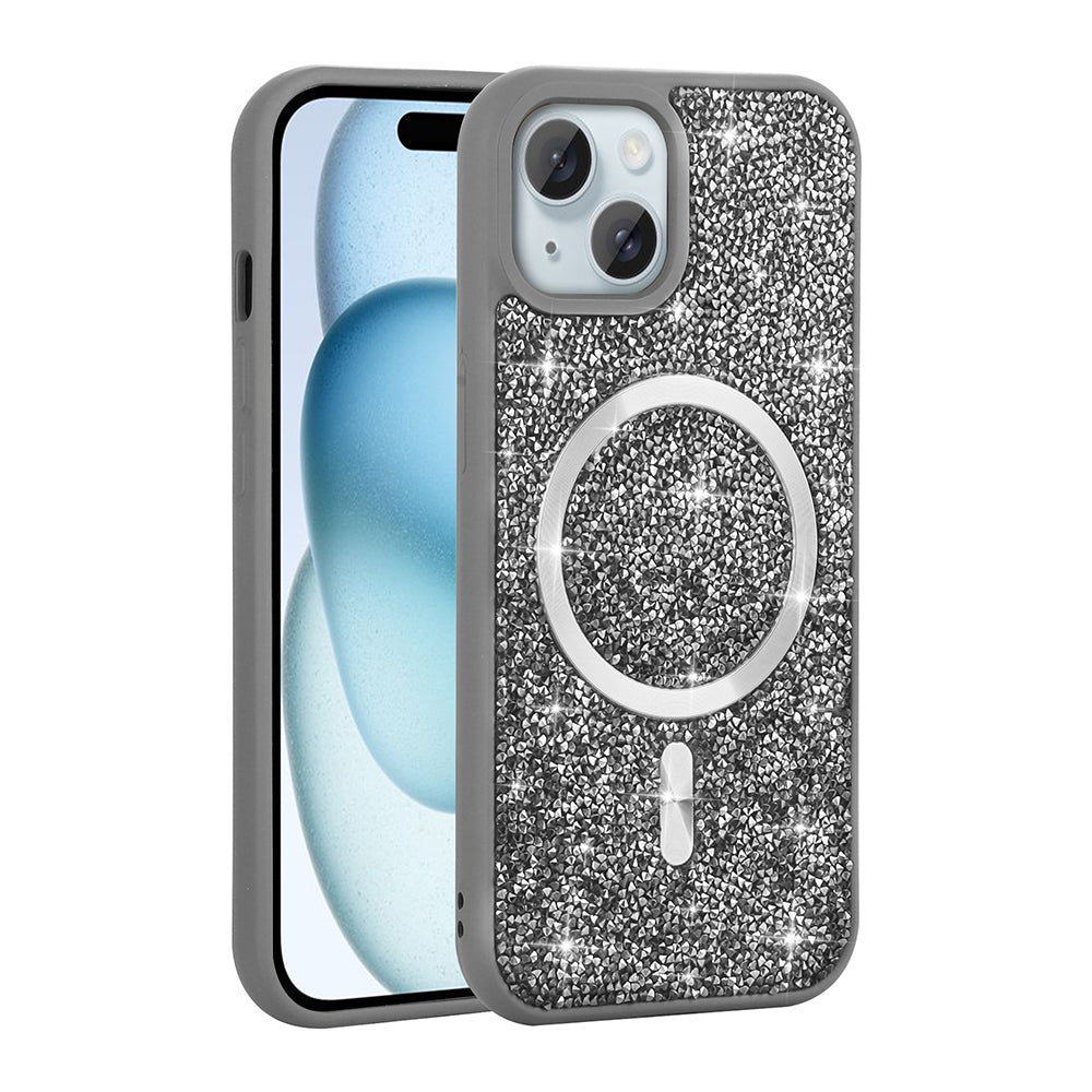 Apple iPhone 14 Kılıf Pırlanta Tasarımlı M-safe Şarj Özellikli Zore Mozaik Silikon Kapak Titanyum-Gri
