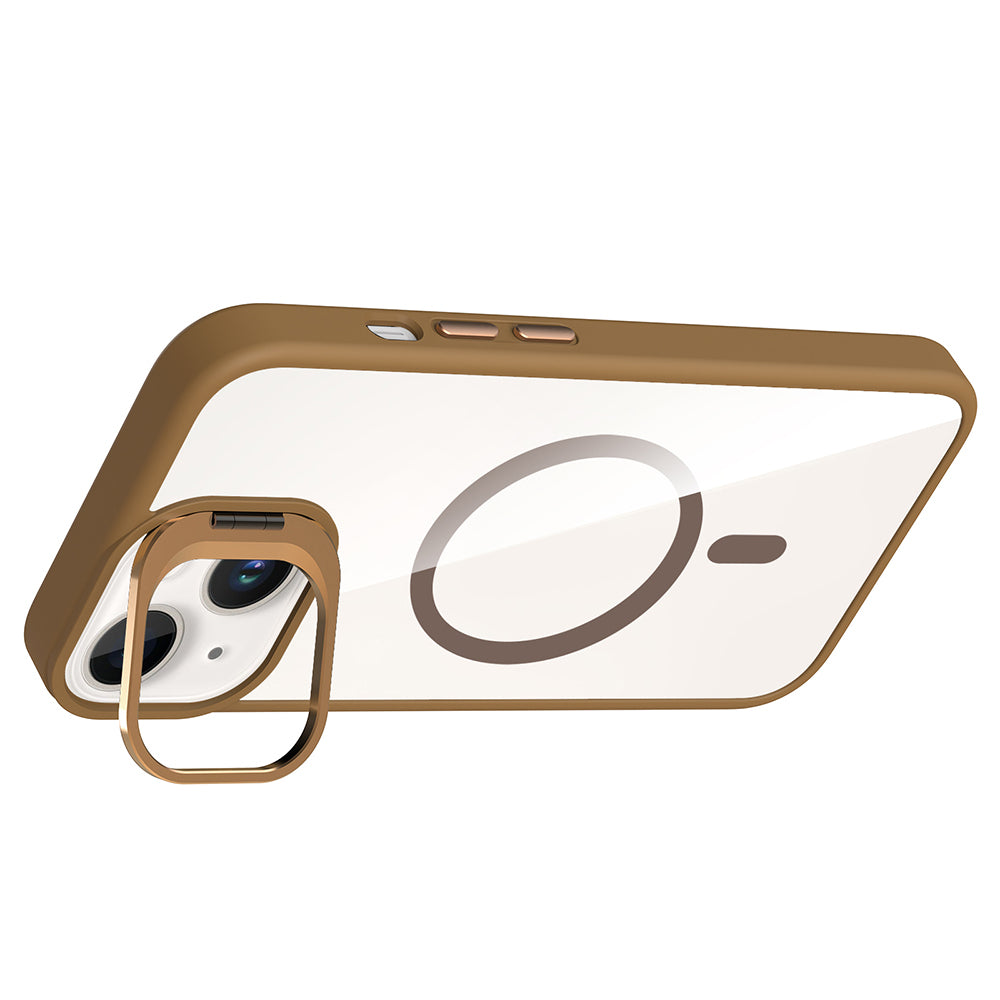 Apple iPhone 14 Kılıf Standlı ve Kamera Lens Hediyeli M-Safe Şarj Özellikli Zore Etro Kapak Pembe