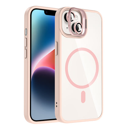 Apple iPhone 14 Kılıf Standlı ve Kamera Lens Hediyeli M-Safe Şarj Özellikli Zore Etro Kapak Pembe