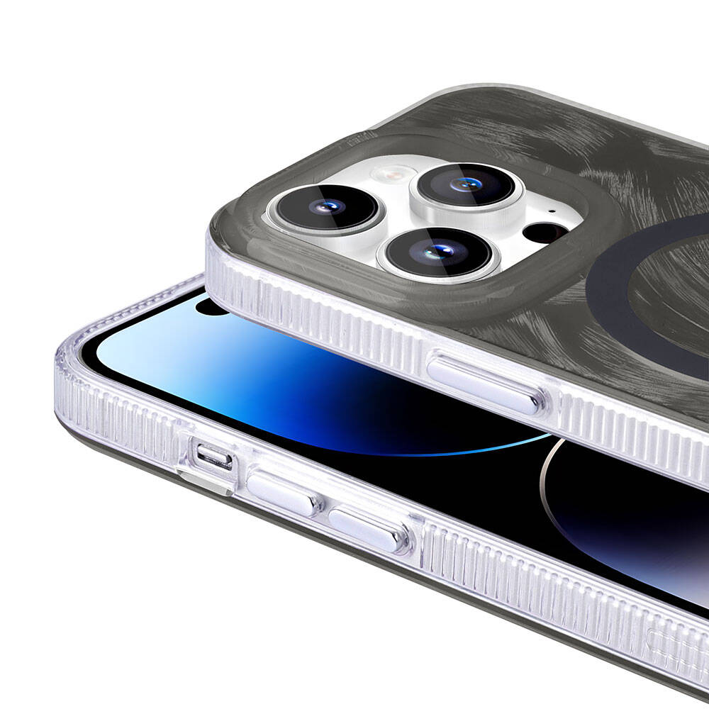 Apple iPhone 14 Pro Kılıf M-safe Şarj Özellikli Fırça Boya Desenli Zore Palet Kapak Mor