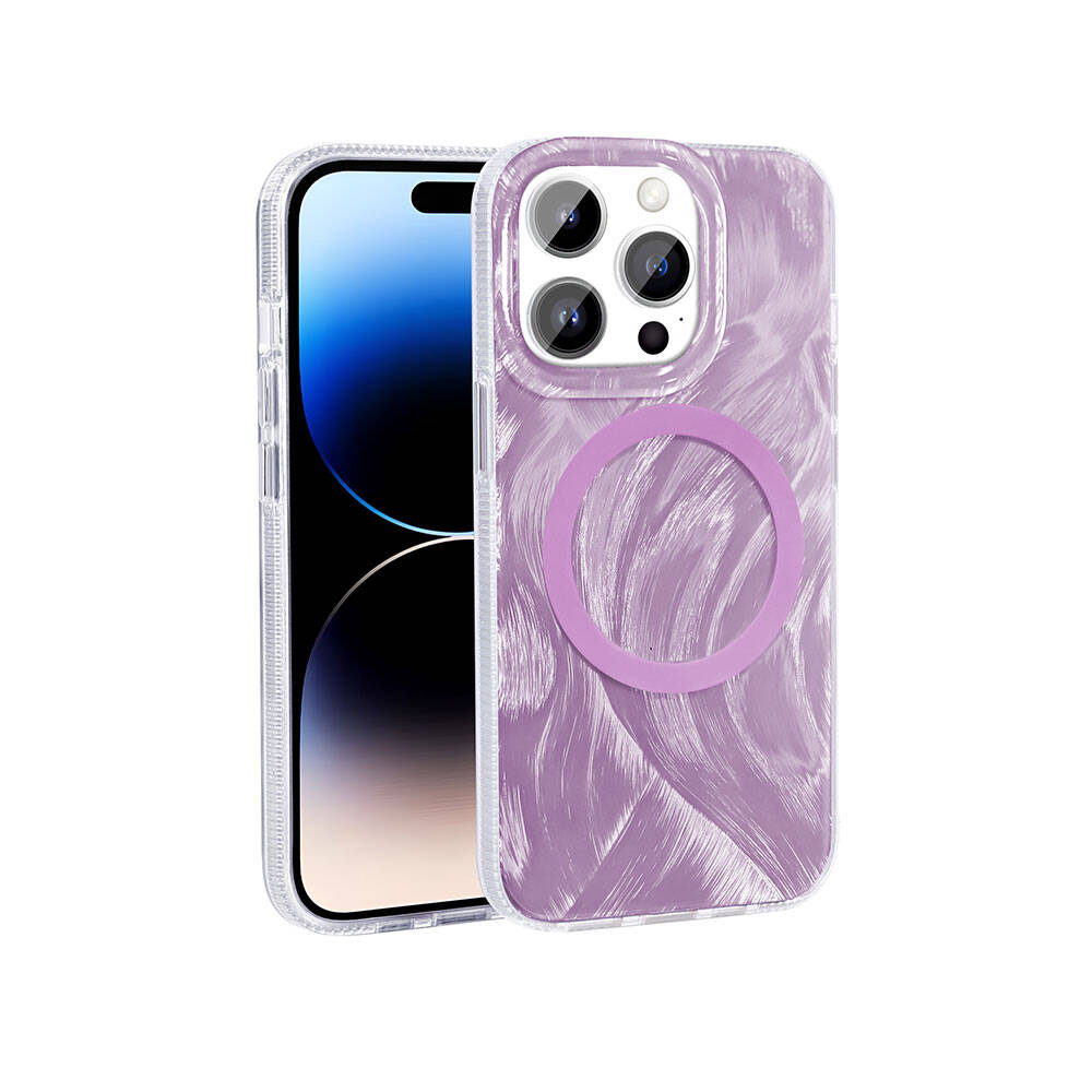 Apple iPhone 14 Pro Kılıf M-safe Şarj Özellikli Fırça Boya Desenli Zore Palet Kapak Pembe