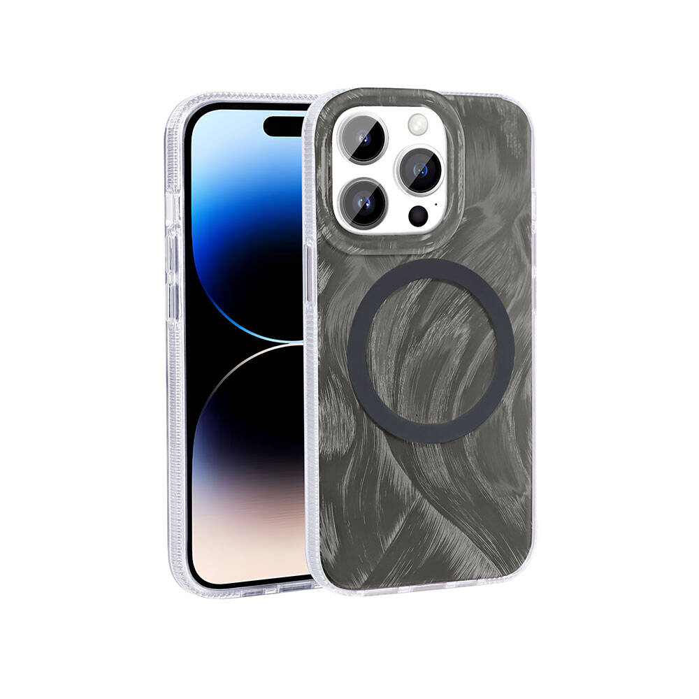 Apple iPhone 14 Pro Kılıf M-safe Şarj Özellikli Fırça Boya Desenli Zore Palet Kapak Pembe