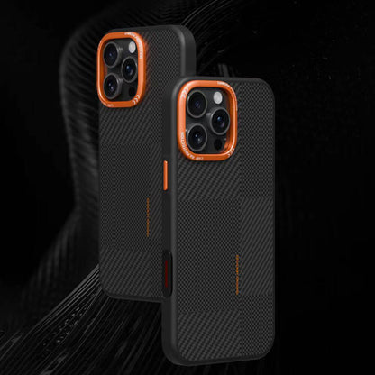 Apple iPhone 14 Pro Kılıf M-safe Şarj Özellikli Karbon Fiber Görünümlü Zore Kamp Kapak Turuncu