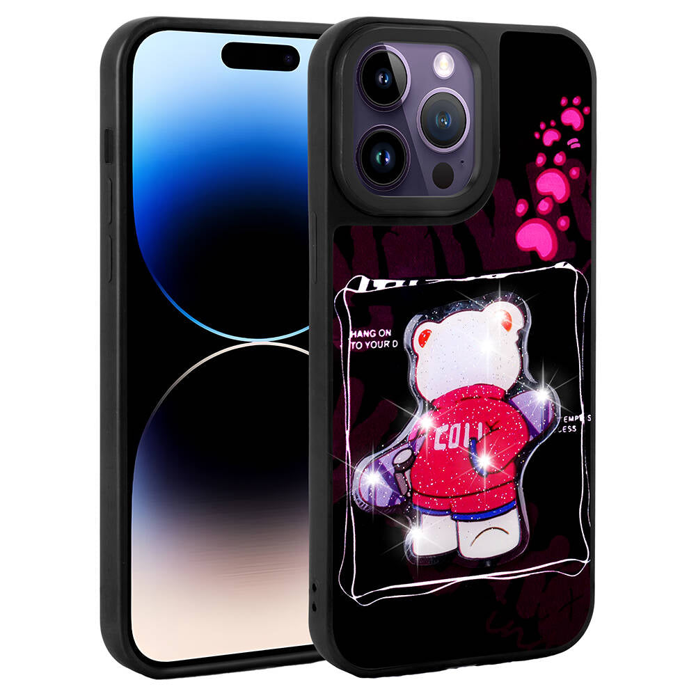 Apple iPhone 14 Pro Kılıf Parlayan Kabartmalı İkonik Figürlü Zore Amas Silikon Kapak Siyah