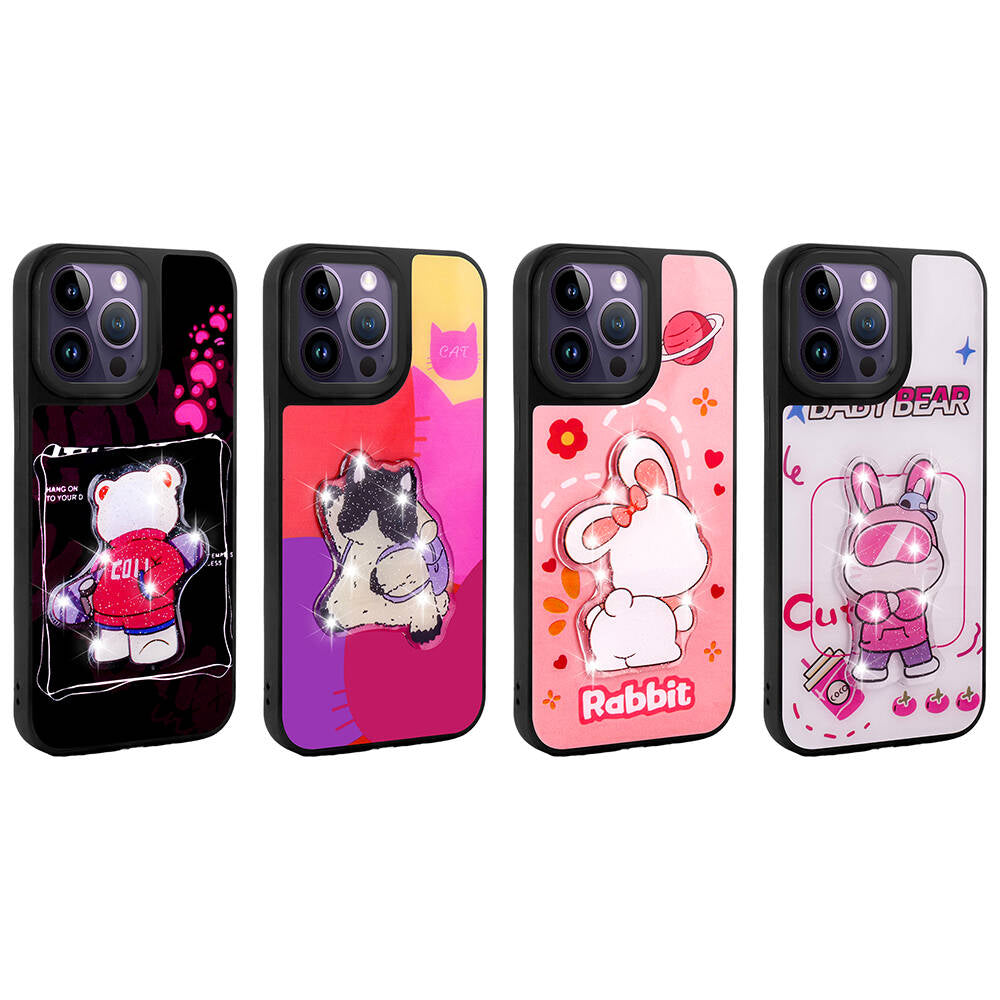 Apple iPhone 14 Pro Kılıf Parlayan Kabartmalı İkonik Figürlü Zore Amas Silikon Kapak Mor