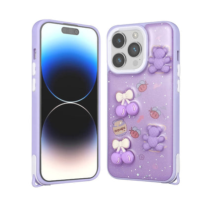 Apple iPhone 14 Pro Kılıf Parlayan Simli Kabartma Figürlü Zore Cevze Kapak Mor Papatya