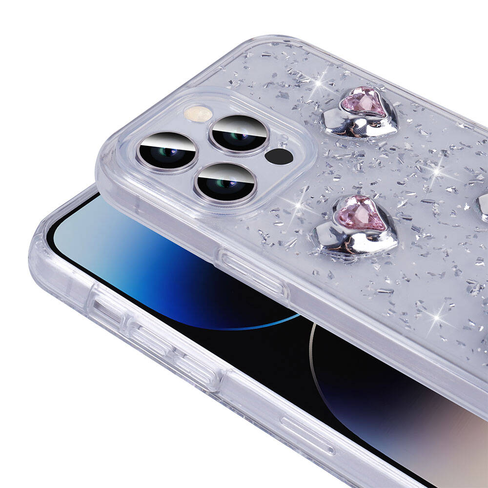 Apple iPhone 14 Pro Max Kılıf Airbagli Simli Arka Yüzey Zore Işıltı Silikon Kapak Beyaz-Yıldız