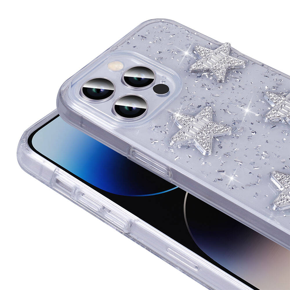 Apple iPhone 14 Pro Max Kılıf Airbagli Simli Arka Yüzey Zore Işıltı Silikon Kapak Beyaz-Kalp