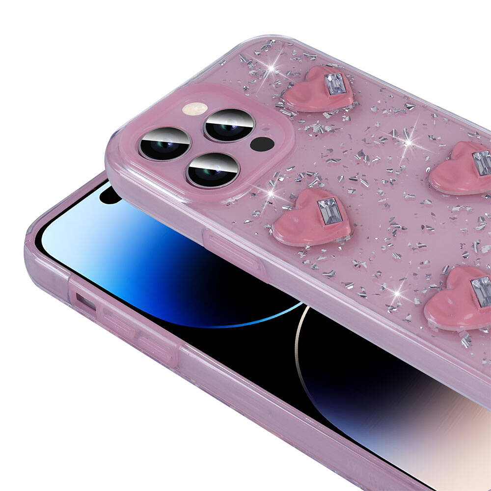 Apple iPhone 14 Pro Max Kılıf Airbagli Simli Arka Yüzey Zore Işıltı Silikon Kapak Beyaz-Kalp