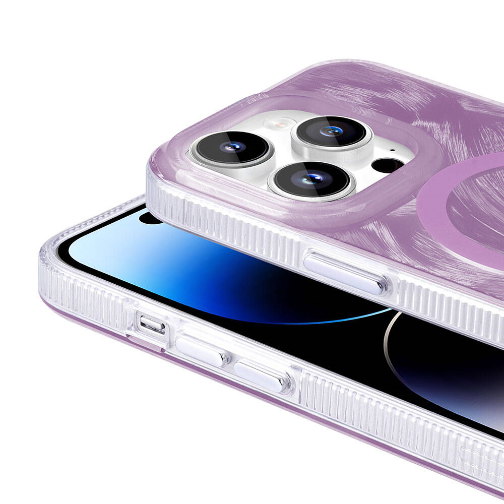 Apple iPhone 14 Pro Max Kılıf M-safe Şarj Özellikli Fırça Boya Desenli Zore Palet Kapak Pembe