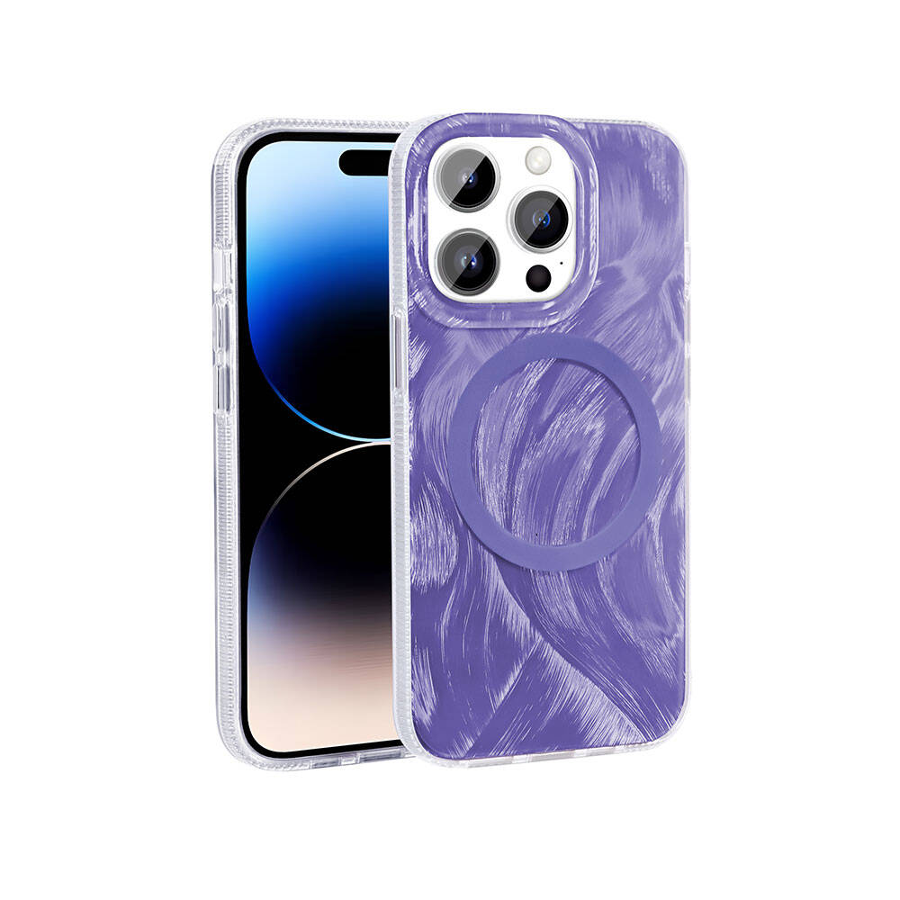 Apple iPhone 14 Pro Max Kılıf M-safe Şarj Özellikli Fırça Boya Desenli Zore Palet Kapak Gri