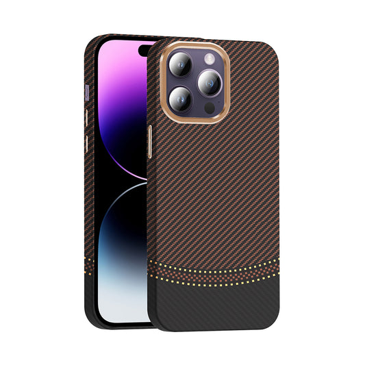 Apple iPhone 14 Pro Max Kılıf M-safe Şarj Özellikli Karbon Fiber Görünümlü Zore Gros Kapak Gold-Siyah