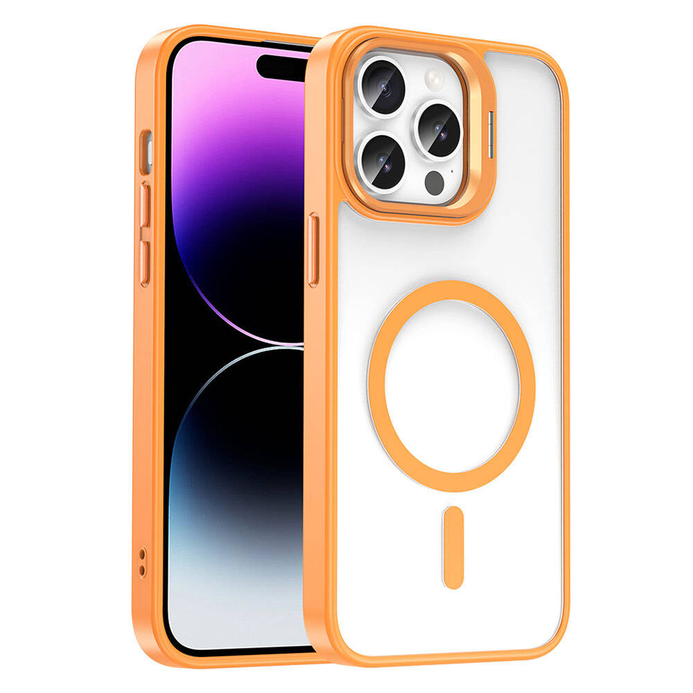 Apple iPhone 14 Pro Max Kılıf M-safe Şarj Özellikli Standlı Zore M-safe Klon Lensli Kapak Turuncu