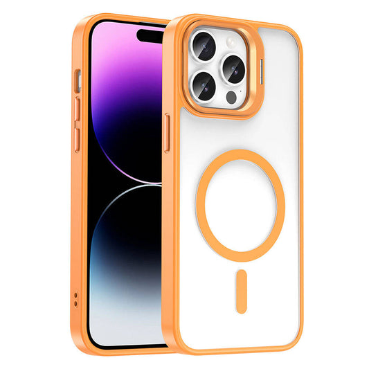 Apple iPhone 14 Pro Max Kılıf M-safe Şarj Özellikli Standlı Zore M-safe Klon Lensli Kapak Turuncu