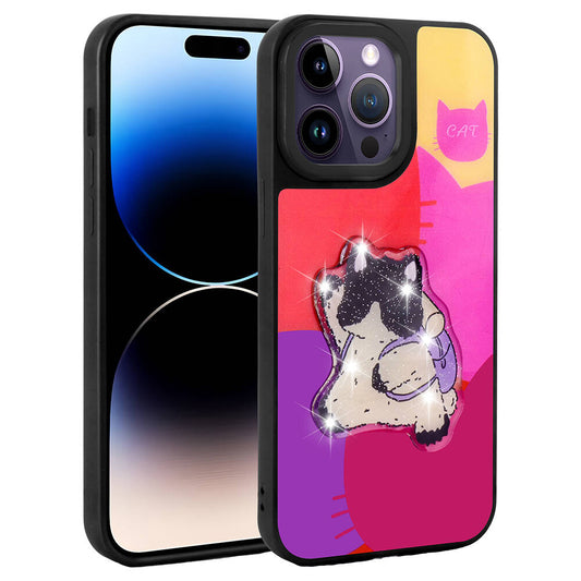 Apple iPhone 14 Pro Max Kılıf Parlayan Kabartmalı İkonik Figürlü Zore Amas Silikon Kapak Mor