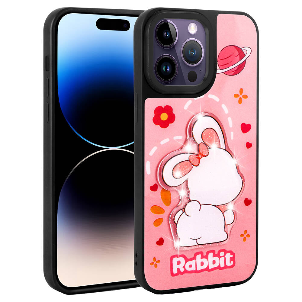 Apple iPhone 14 Pro Max Kılıf Parlayan Kabartmalı İkonik Figürlü Zore Amas Silikon Kapak Pembe