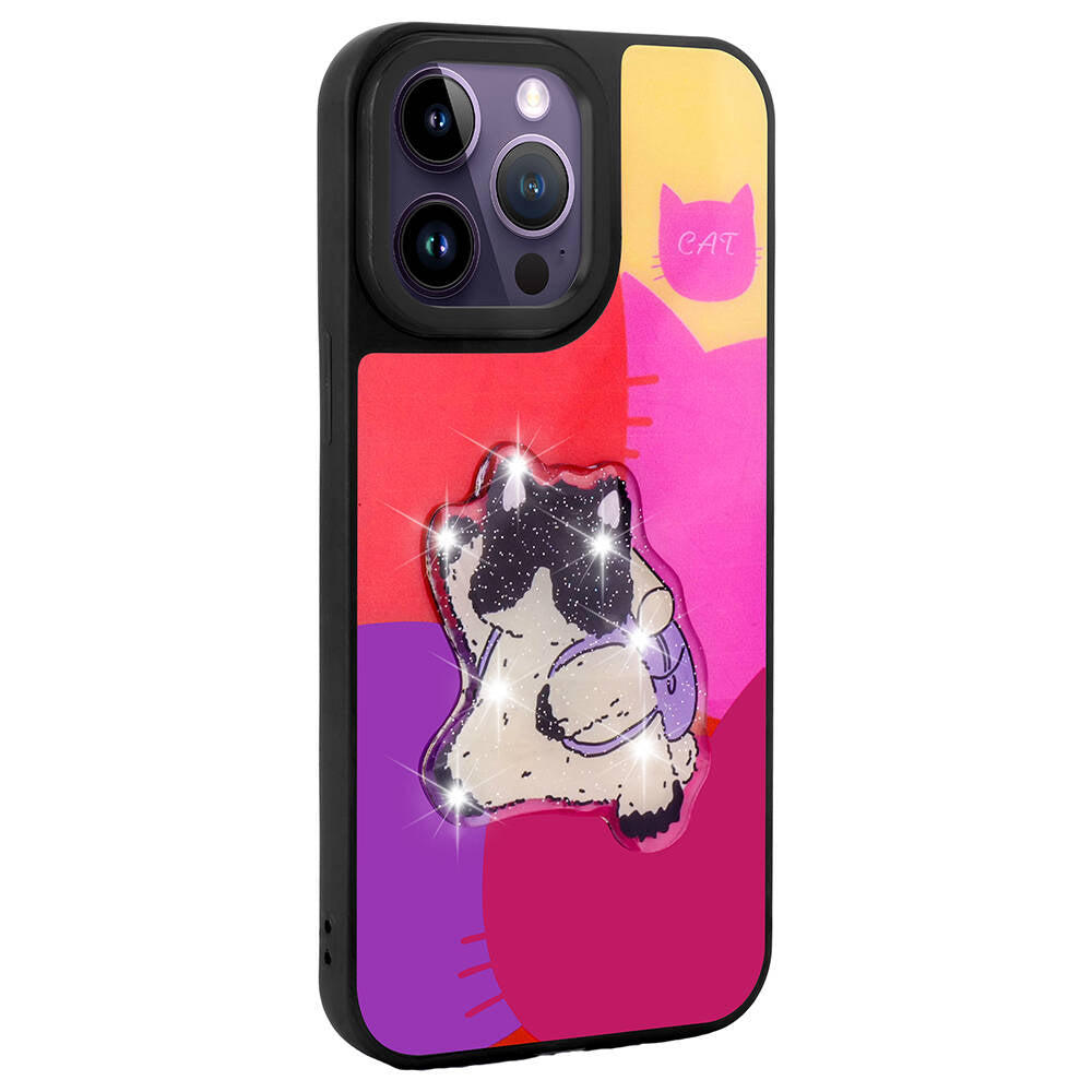 Apple iPhone 14 Pro Max Kılıf Parlayan Kabartmalı İkonik Figürlü Zore Amas Silikon Kapak Siyah