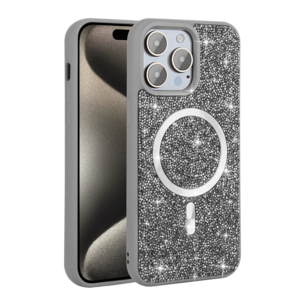 Apple iPhone 14 Pro Max Kılıf Pırlanta Tasarımlı M-safe Şarj Özellikli Zore Mozaik Silikon Kapak Titanyum-Gri