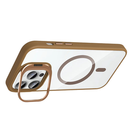 Apple iPhone 14 Pro Max Kılıf Standlı ve Kamera Lens Hediyeli M-Safe Şarj Özellikli Zore Etro Kapak Pembe