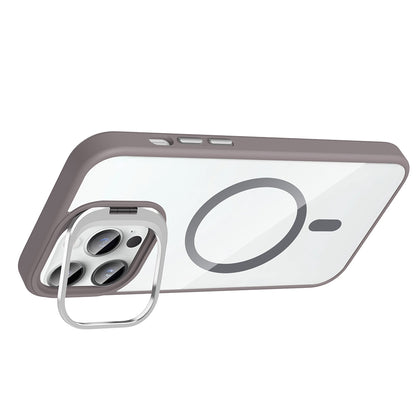 Apple iPhone 14 Pro Max Kılıf Standlı ve Kamera Lens Hediyeli M-Safe Şarj Özellikli Zore Etro Kapak Gri