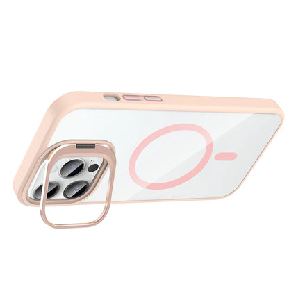 Apple iPhone 14 Pro Max Kılıf Standlı ve Kamera Lens Hediyeli M-Safe Şarj Özellikli Zore Etro Kapak Pembe