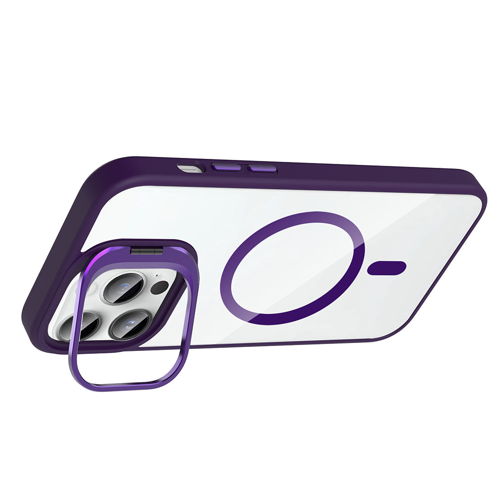 Apple iPhone 14 Pro Max Kılıf Standlı ve Kamera Lens Hediyeli M-Safe Şarj Özellikli Zore Etro Kapak Gri