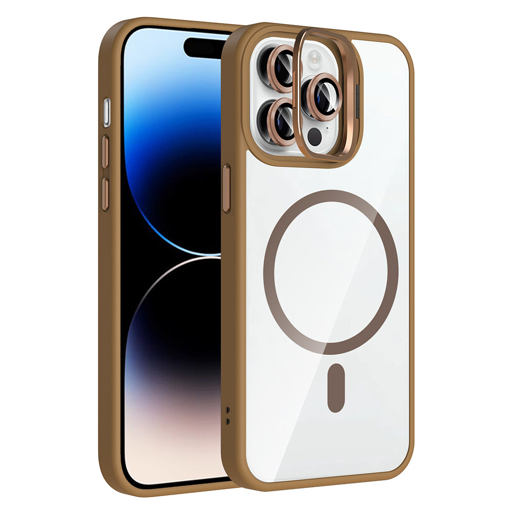 Apple iPhone 14 Pro Max Kılıf Standlı ve Kamera Lens Hediyeli M-Safe Şarj Özellikli Zore Etro Kapak Desert Titanyum