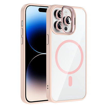 Apple iPhone 14 Pro Max Kılıf Standlı ve Kamera Lens Hediyeli M-Safe Şarj Özellikli Zore Etro Kapak Pembe