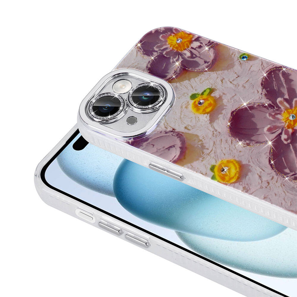 Apple iPhone 15 Kılıf Çiçek Desenli Parlak Taşlı Sert Silikon Zore Garden Kapak Colorful
