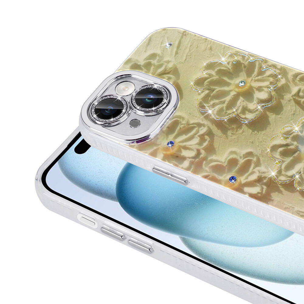 Apple iPhone 15 Kılıf Çiçek Desenli Parlak Taşlı Sert Silikon Zore Garden Kapak Pembe Açık