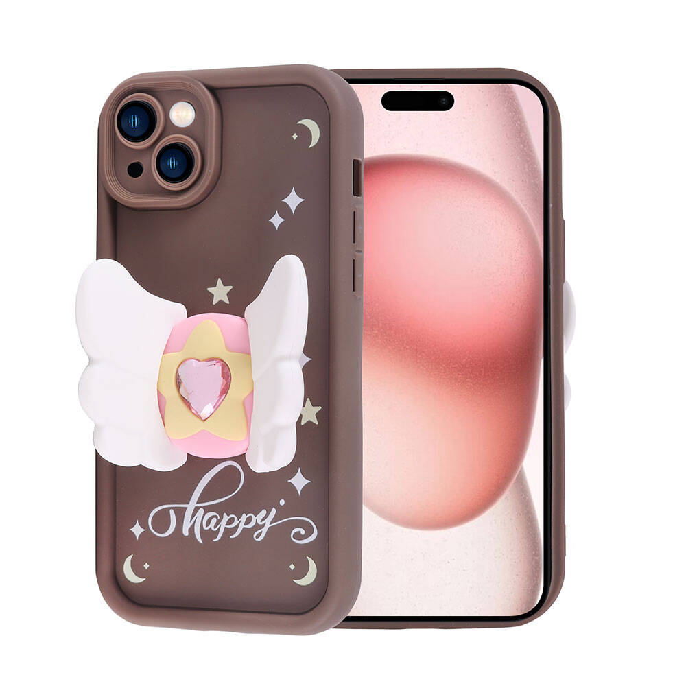 Apple iPhone 15 Kılıf Kamera Korumalı Figür Tasarımlı Zore Kapya Kapak Pembe Koyu