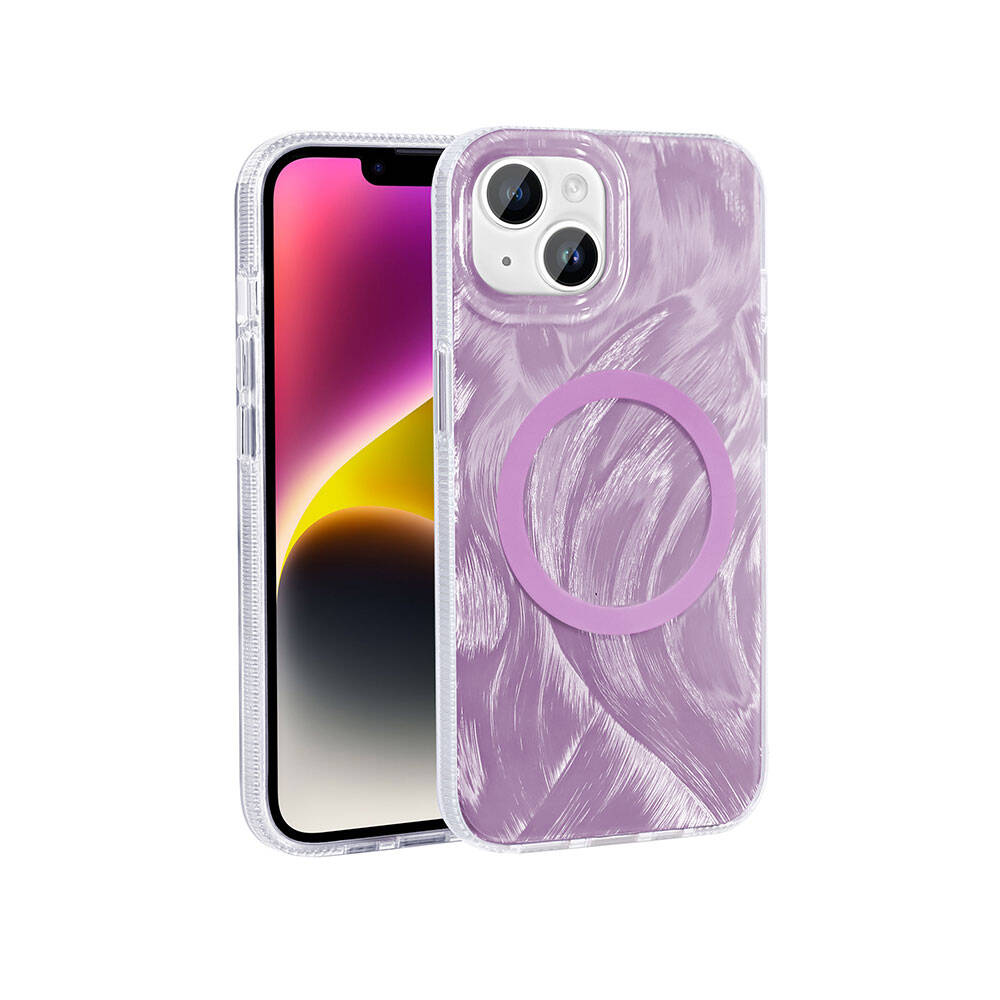 Apple iPhone 15 Kılıf M-safe Şarj Özellikli Fırça Boya Desenli Zore Palet Kapak Pembe