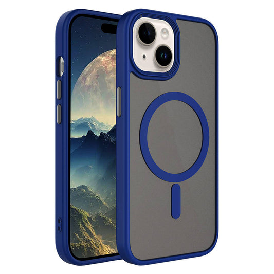 Apple iPhone 15 Kılıf Mat Arka Yüzey Wireless Şarj Özellikli Zore Flet M-safe Kapak Mavi