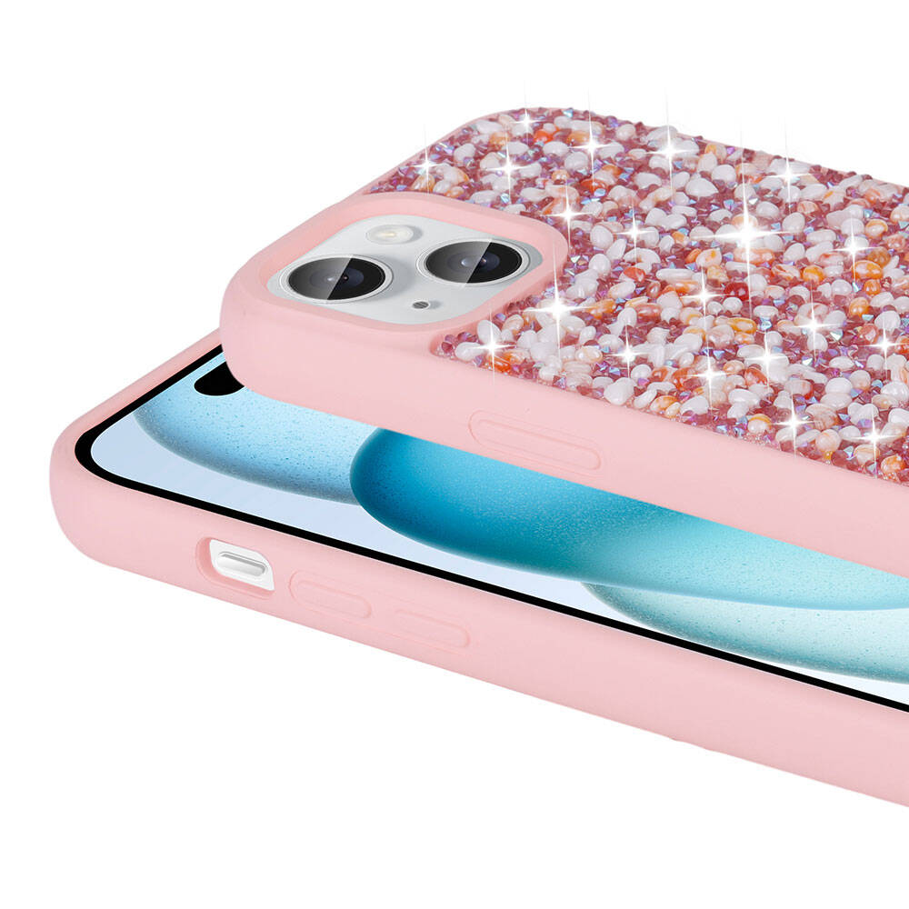Apple iPhone 15 Kılıf Parlak Taşlı Tasarım Zore Linea Diamond Kapak Pembe