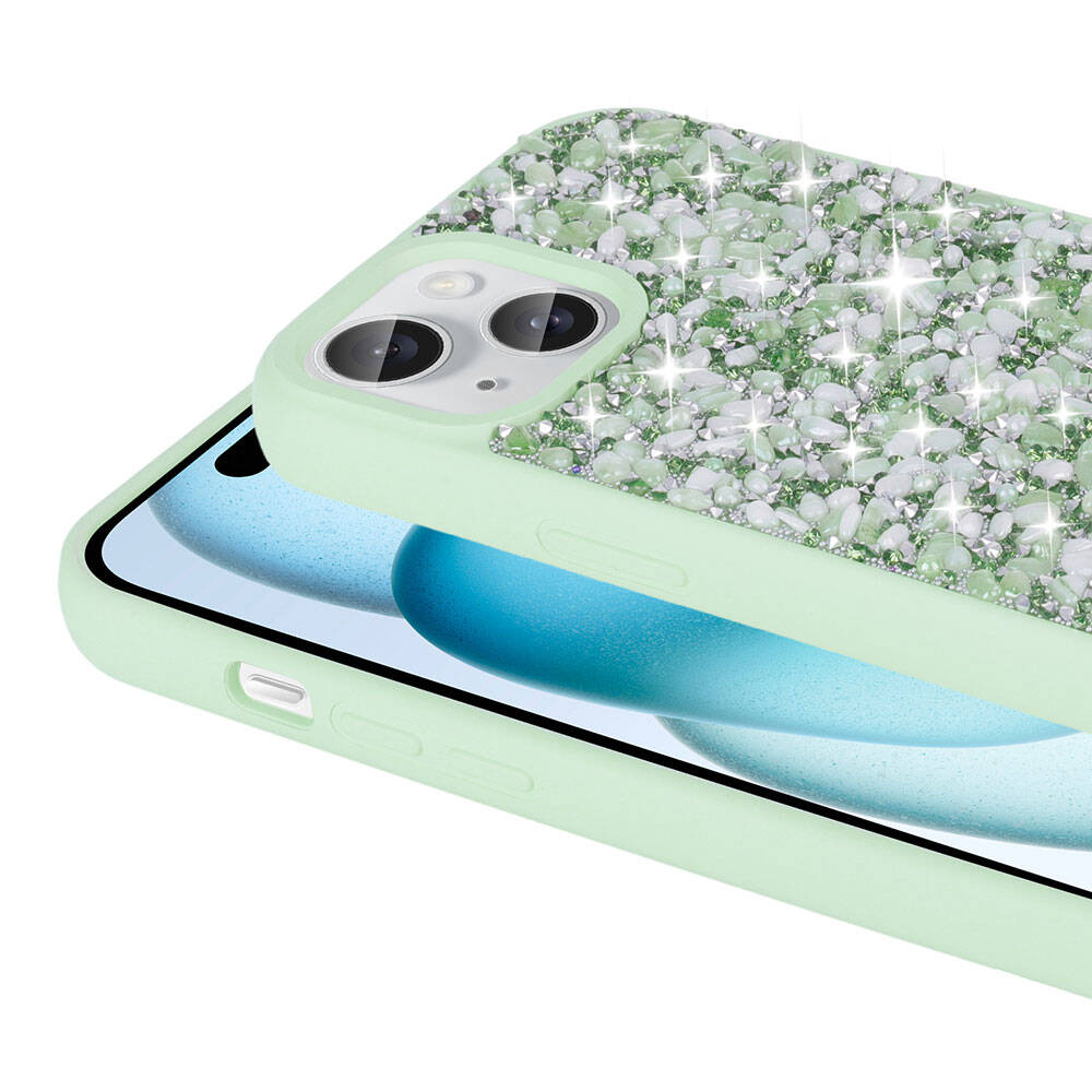 Apple iPhone 15 Kılıf Parlak Taşlı Tasarım Zore Linea Diamond Kapak Mavi Açık