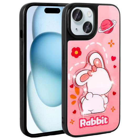 Apple iPhone 15 Kılıf Parlayan Kabartmalı İkonik Figürlü Zore Amas Silikon Kapak Pembe